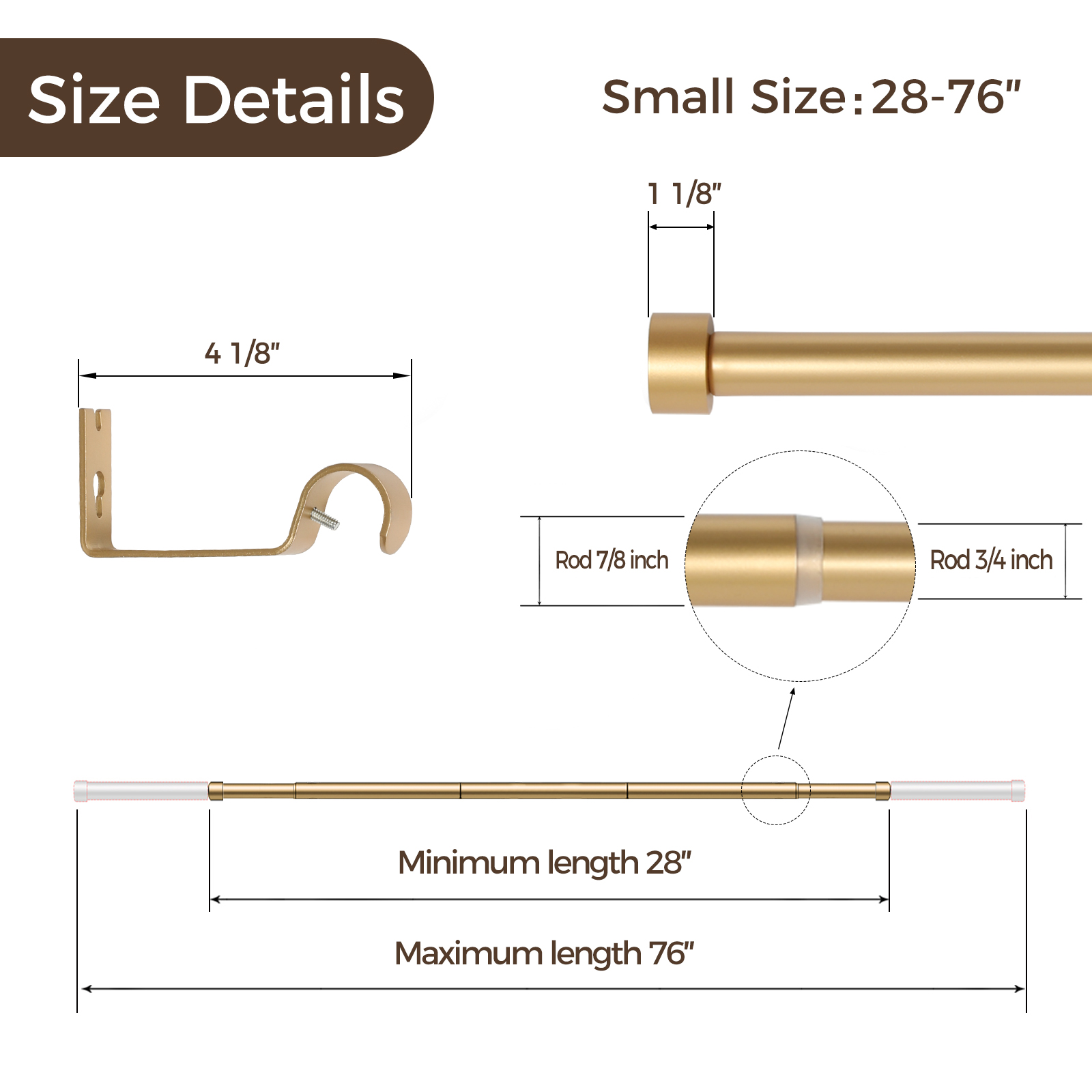 TWOPAGE Jaylon Adjustable Gold Curtain Rod for 28-76 Windows, Heavy-duty carbon steel curtain rod with curtain rings