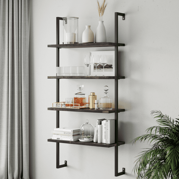 Theo 4 Shelf Bookcase Floating Wall, Metal Wood Bookcase Shelves