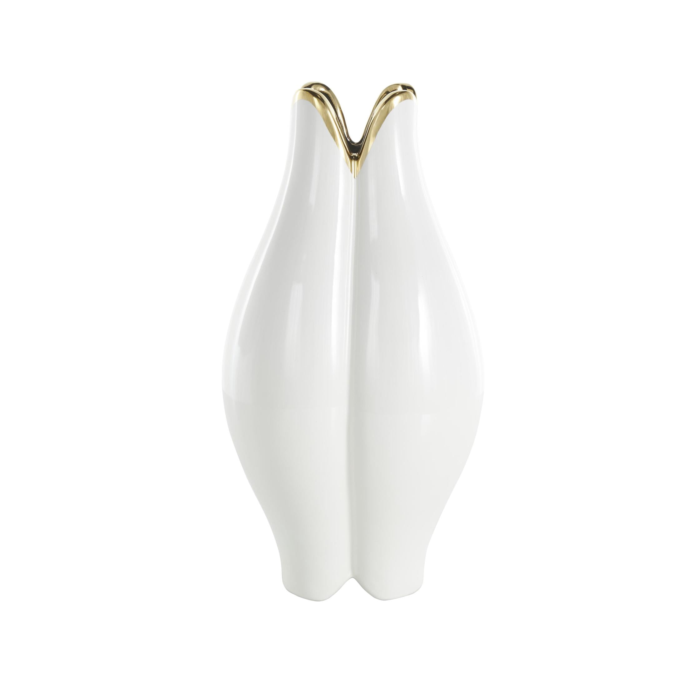 DecMode 16" Floral Dimensional Shaped White Ceramic Vase with Metallic Gold Rim