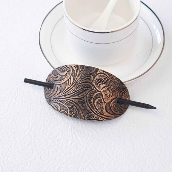 Oval Faux Leather Hair Clip with Wood Stick - Retro Hair Slide Pin for Ponytail Women Girls Accessory