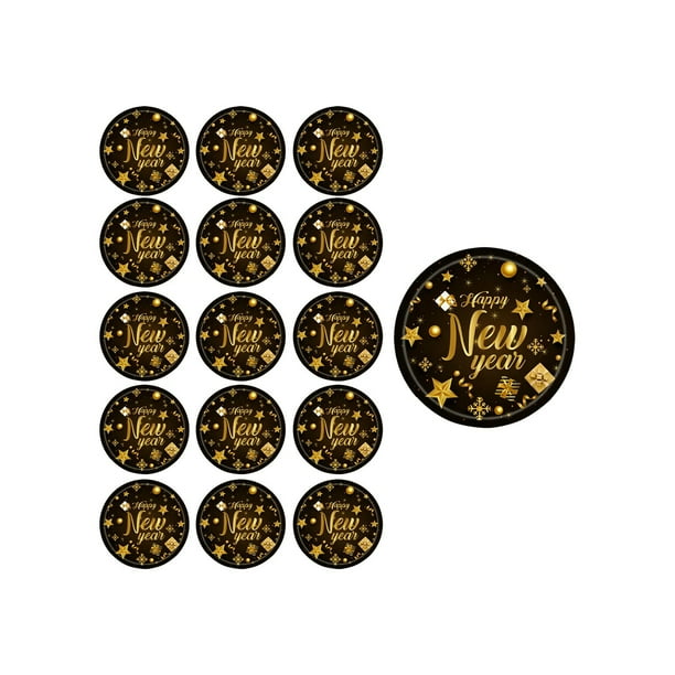 Decoración del hogar, decoración de habitaciones, decoración de paredes, vajilla desechable para fiesta de Año Nuevo en negro y dorado, platos de papel de 18 y 23 cm, vasos de papel, pañuelos, juego d