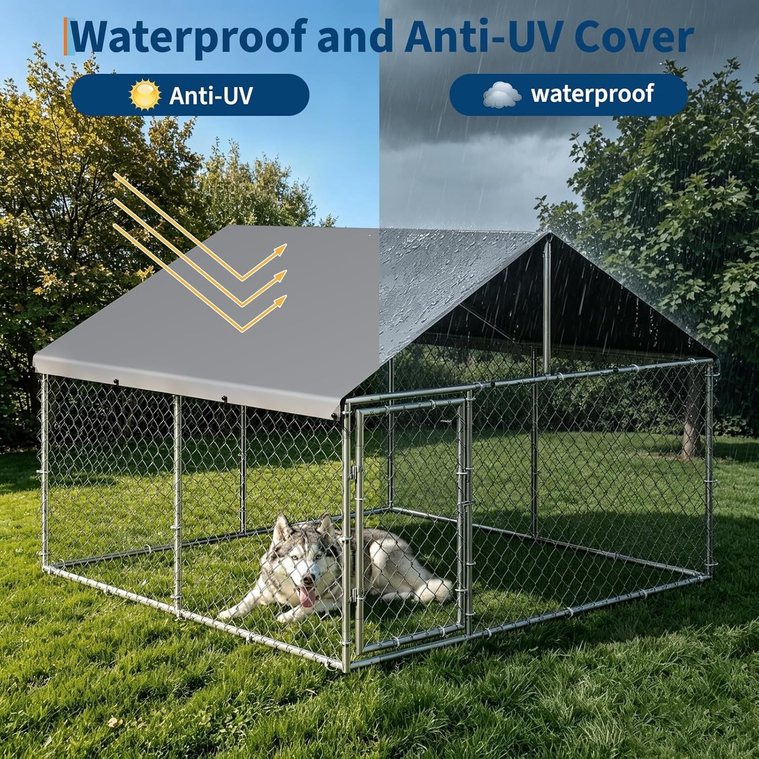 7.5×7.5×5.4 Ft Home Large Metal Outdoor Dog Kennel, Metal Wire Dog Enclosure with Waterproof Roof & Adjustable Bowls Feeder for Backyard Farm