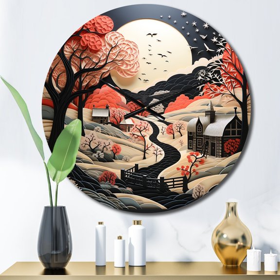 Designart "Winter Retreat at the Barn in Papercut III" Countryside Oversized Wall Clock