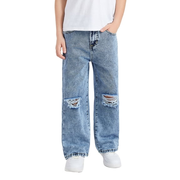 CPNG Boys Baggy Ripped Jeans Straight Wide Leg Distressed Pants Casual Lightweight Fashion Button Front Zipper Denim Pants(Light Blue,12-13 Years)