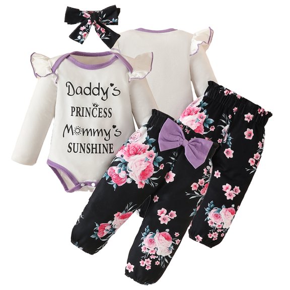 Esaierr 0-18M 3PCS Newborn Girls Casual Clothes Letter Romper Floral Pants with Headband Outfits Spring Autumn Clothes