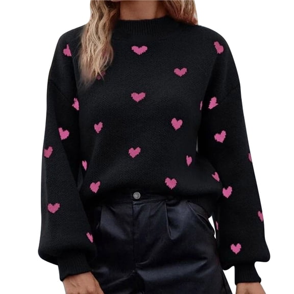 Tiweut Women's Casual Neck Sweater Cozy Lantern Sleeve Cute Heart Pattern Knitted Tops Fall Pullover Sweaters,Black,S