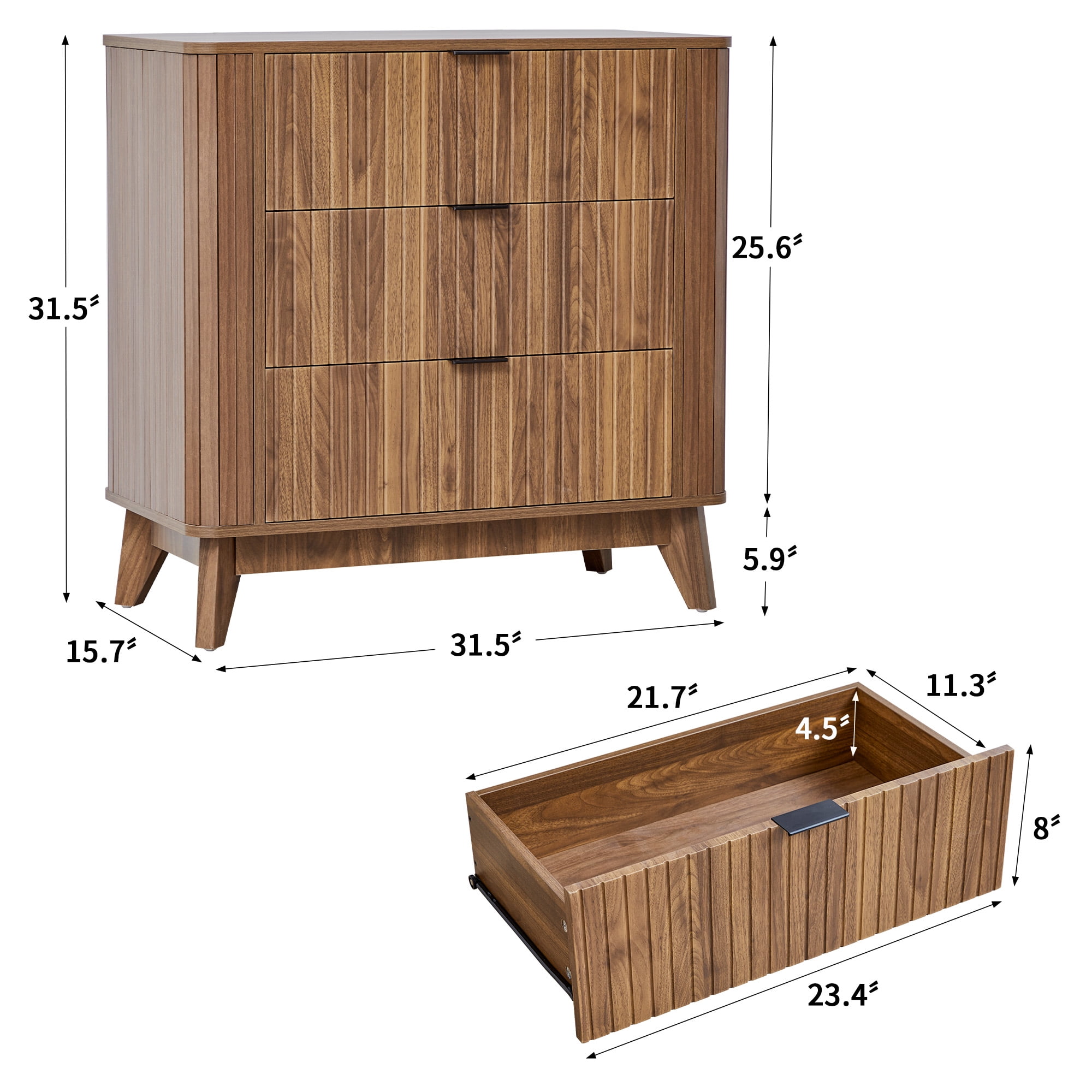 LEFHDA Mid-Century Modern Wood Dresser Set of 2 | Curved Fluted 3-Drawer Chest for Bedroom & Living Room | Walnut Storage Cabinet with Anti-Tipping Safety