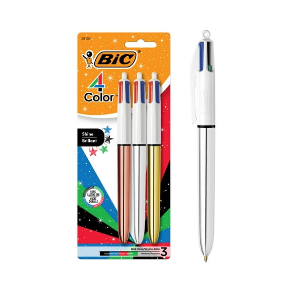 BIC 4 Color Ball Pen, Medium Point, 1.0 mm, Assorted Ink, 3 Count