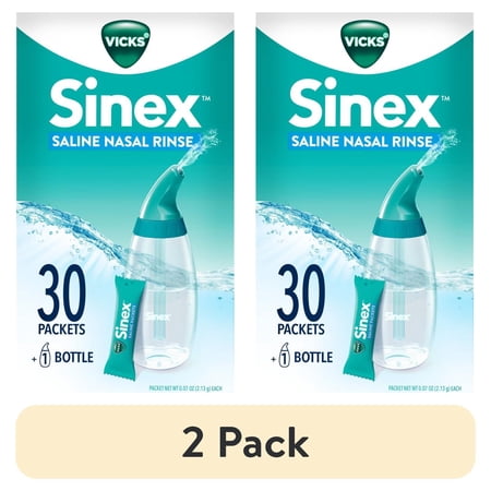 (2 pack) Vicks Sinex Saline Nasal Rinse + Packets, Nasal Decongestant for Sinus Relief, 30 Count