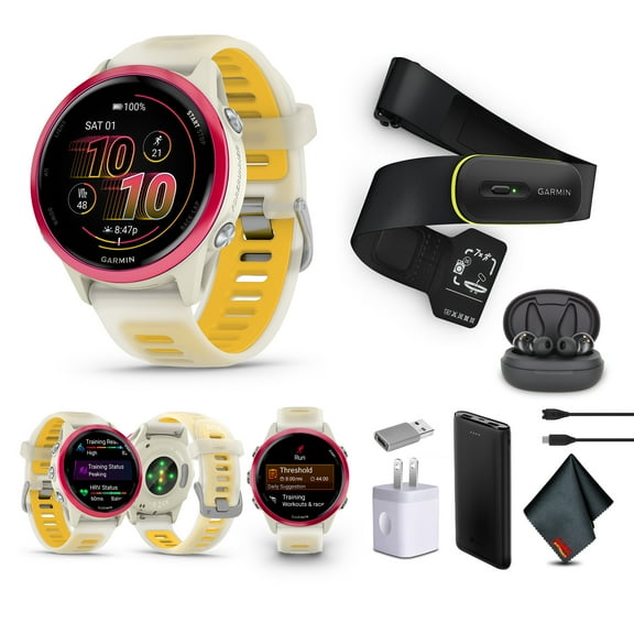 Garmin Forerunner 570 Running Smartwatch, 42MM WiFi, GPS Fitness Smart Watch For Men And Women, Raspberry Aluminum with Translucent Bone/Mango Band​   Access 600 Fitness Monitor, XS-S​​   More