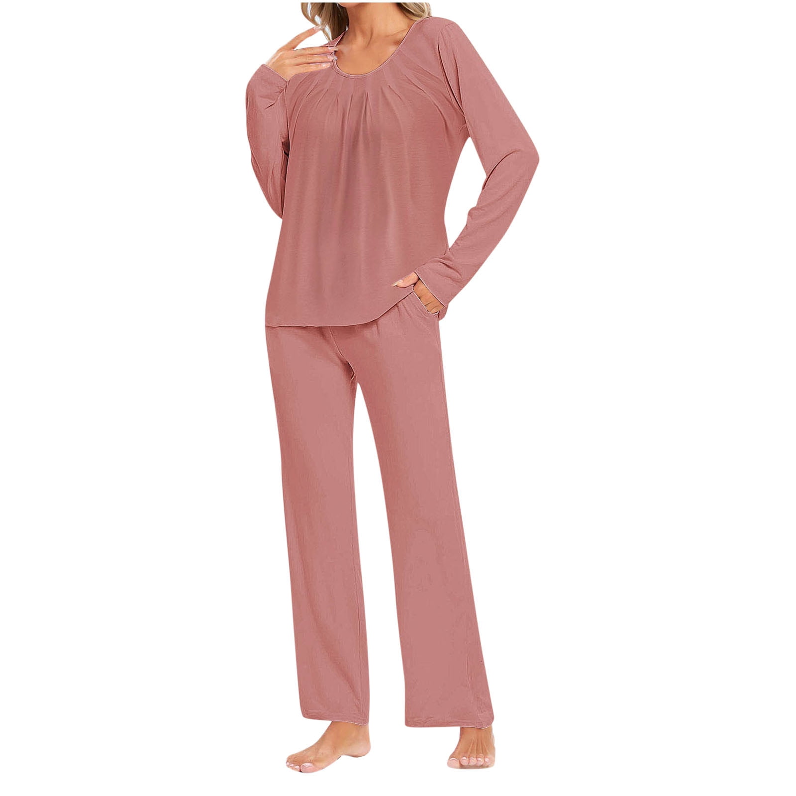 Timegard Womens Pajamas Sets Comfy Ruched Long Sleeve Round Neck Top and Pants Fall Loose Pjs Outfits