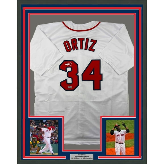 Framed Facsimile Autographed David Ortiz 35x39 Boston White Reprint Laser Auto Baseball Jersey