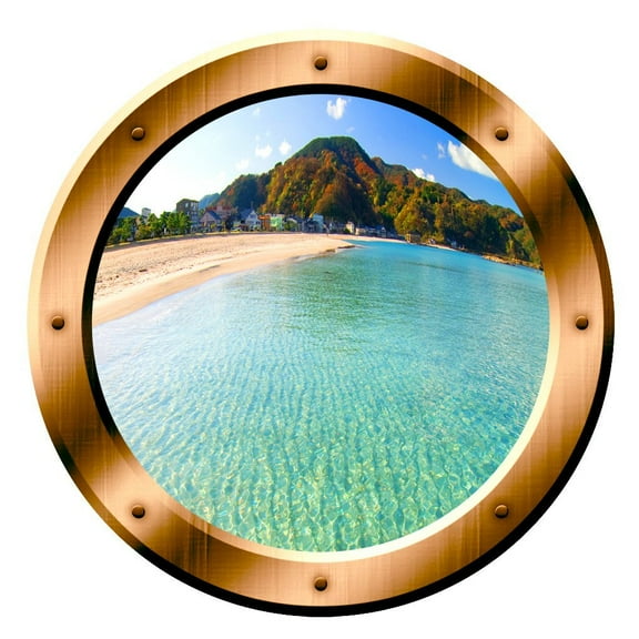 VWAQ Island Scenery Background Wall Decal Porthole Ocean Beach Scene VWAQ-BP17 (14 Diameter)