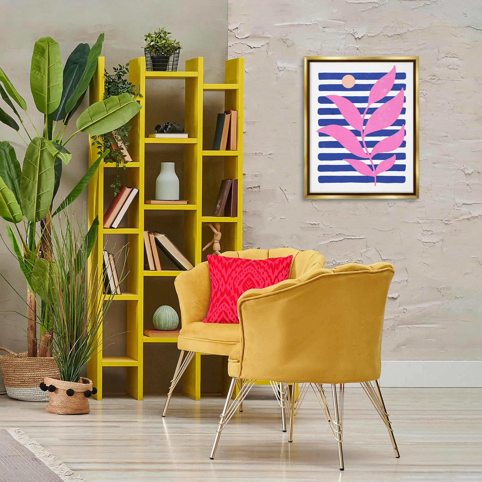 Stupell Industries Sunrise Sprig on Stripes Abstract Painting Gold Floater Framed Canvas Art Print Wall Art, 17 x 21