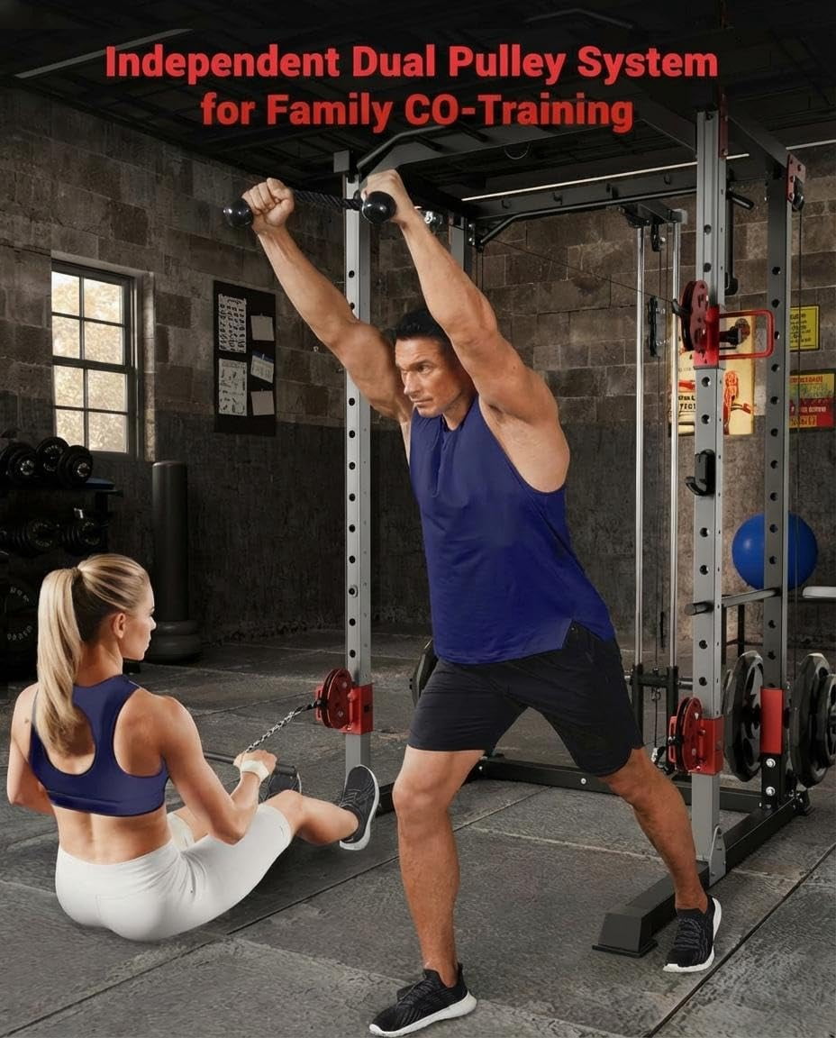 Memoryfield Multi-Functional Fitness Power Cage, 1200LBS Squat Rack with Dual Pulley for Complete Home Strength Workout, Red