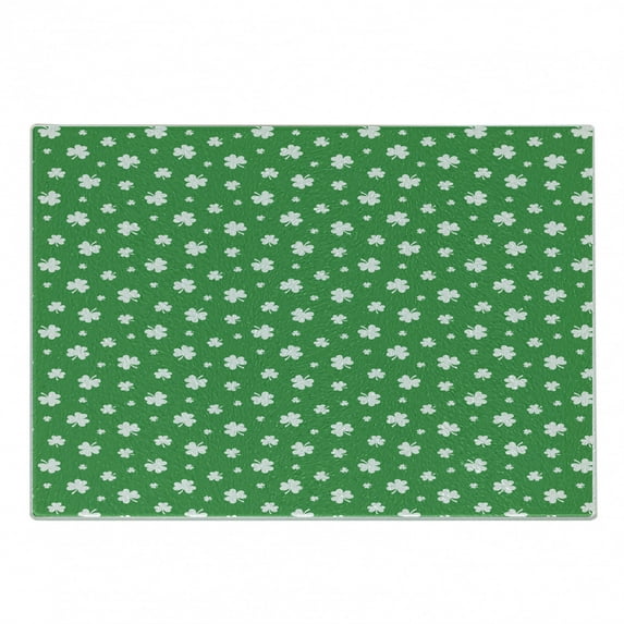 Clover Cutting Board, Simplistic Irish Themed Pattern with Monochrome Shamrock Silhouettes Repetition, Decorative Tempered Glass Cutting and Serving Board, in 3 Sizes, by Ambesonne