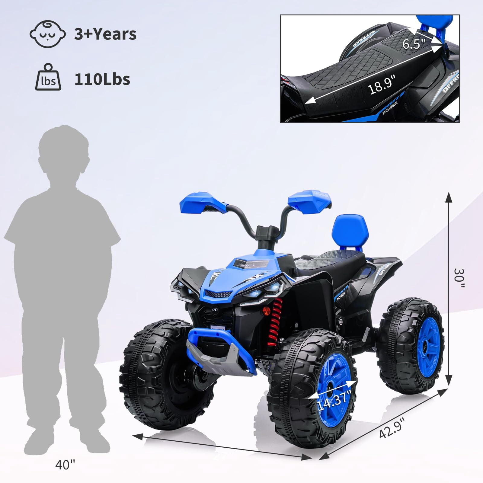 24 Volt Kids ATV Ride-On, Electric Dual 4 Wheeler with 2-Seater, Ride on Toys for Big Kids with Bluetooth, LED Lights, Music, High Low Speed, Blue