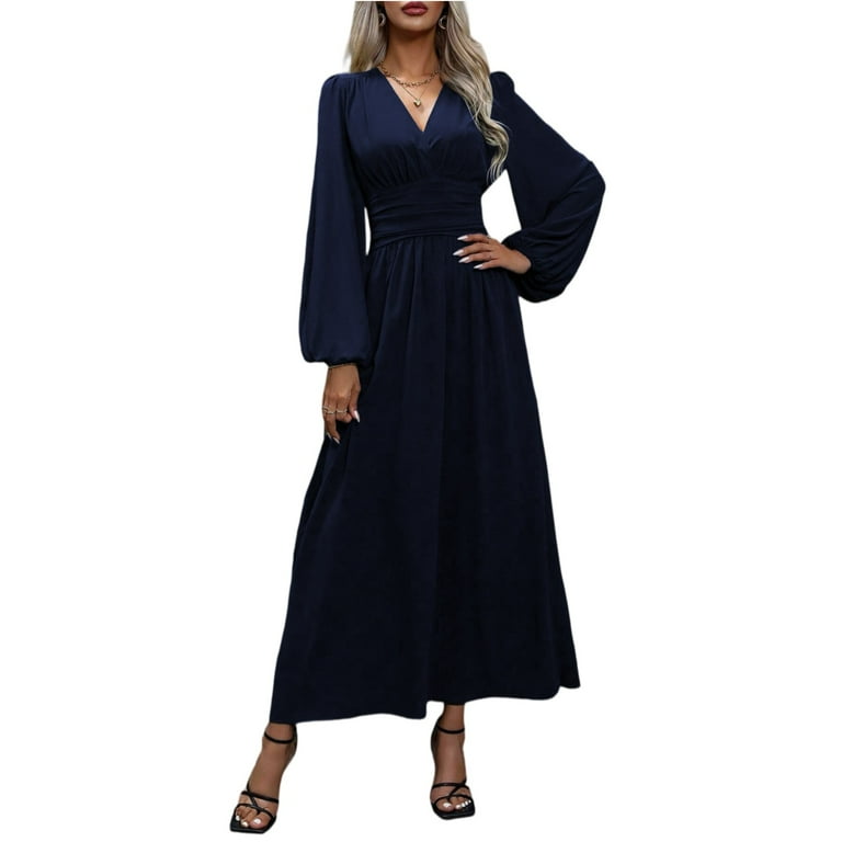 Tianiyouqing Long Sleeve Bridesmaid Dresses for Women Long Pleated Empire Waist Formal Evening Dresses with Slit Navy XL