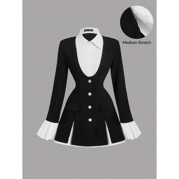 Women 2 In 1 Blazer Dress, Waist Cinching Long Sleeve Flounce Cuff Mini Dress, Elegant Office Autumn Clothes