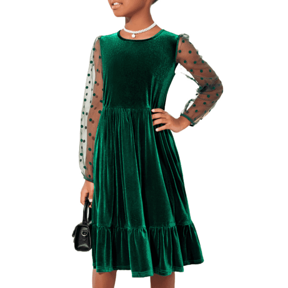 Oudiya Girls Midi Dresses Contrast Mesh Long Sleeve Velvet A-Line Vintage Party Dress with Pockets for Girls 6-13Y