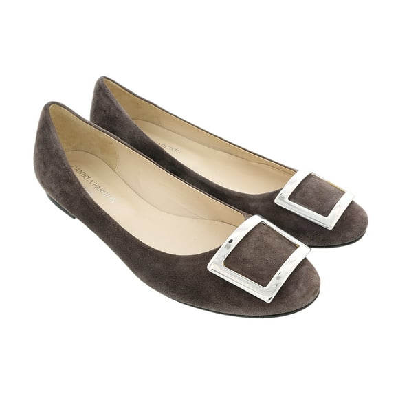 Daniela Fargion Brown/Silver Suede Square Buckle Flat Ballerina Shoes-8 for Womens