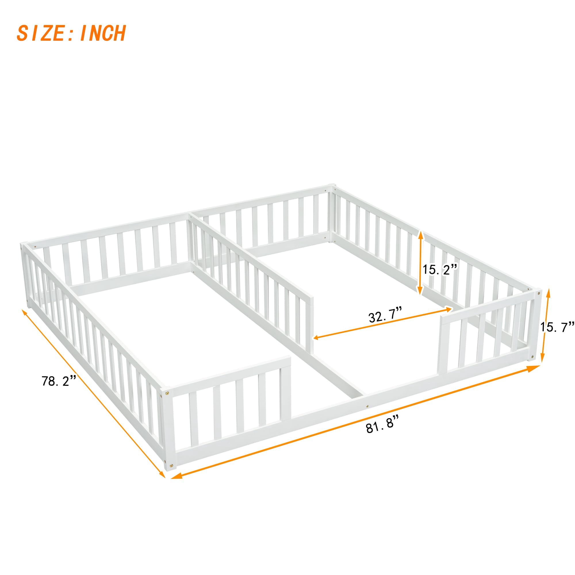 Twin Floor Bed for 2, Montessori Bed Frame with Fence, Wooden Double Floor Bed with Guardrails for Two Boys Girls, Box Spring Needed, White