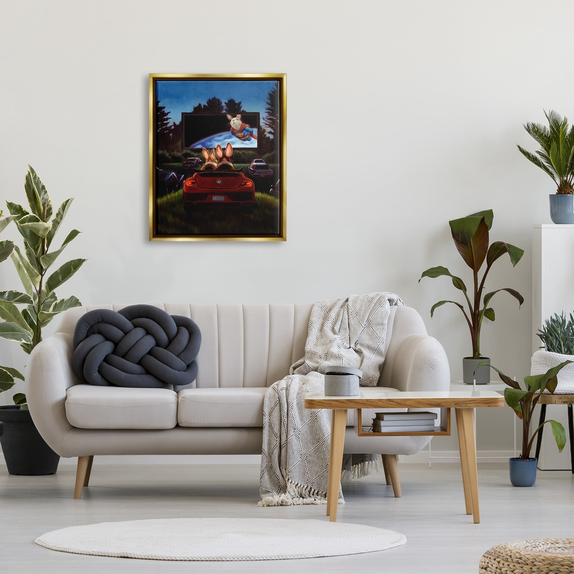 Stupell Industries Romantic Bunny Couple Drive-In Movie Date Animals Painting Metallic Gold Floating Framed Canvas Print Wall Art, Design by Lucia Heffernan