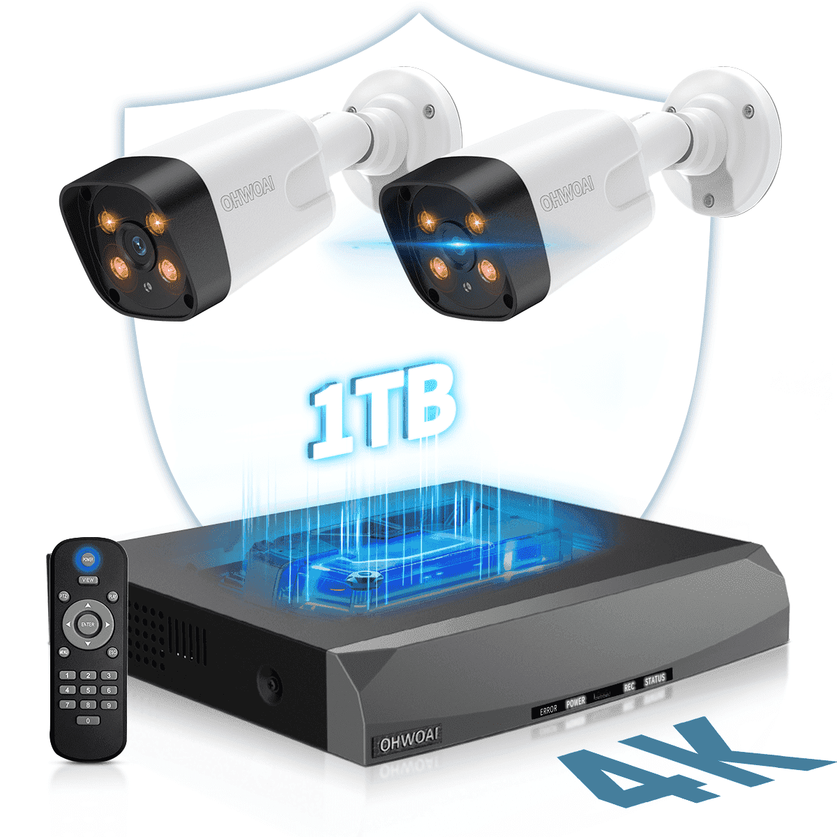 OHWOAI 4K PoE Security Camera System with Color Night Vision, 2 Cams, 8CH NVR, 1TB HDD