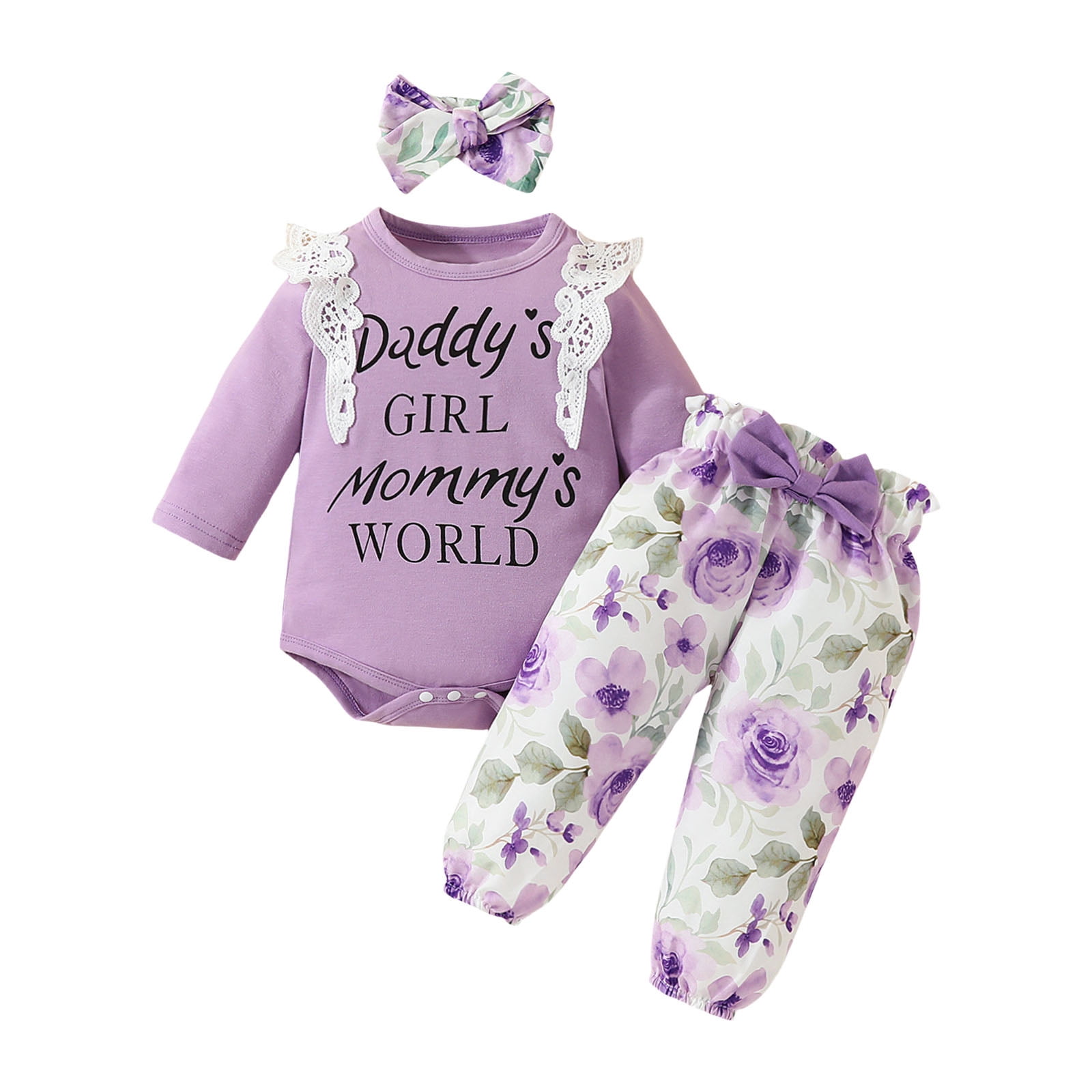 Karoyedx Infant Rompers Newborn Infant Girl Clothes Rib Knit Romper Daisy Print Pants Headband Baby Clothes for Girls Purple Size,9-12 Months