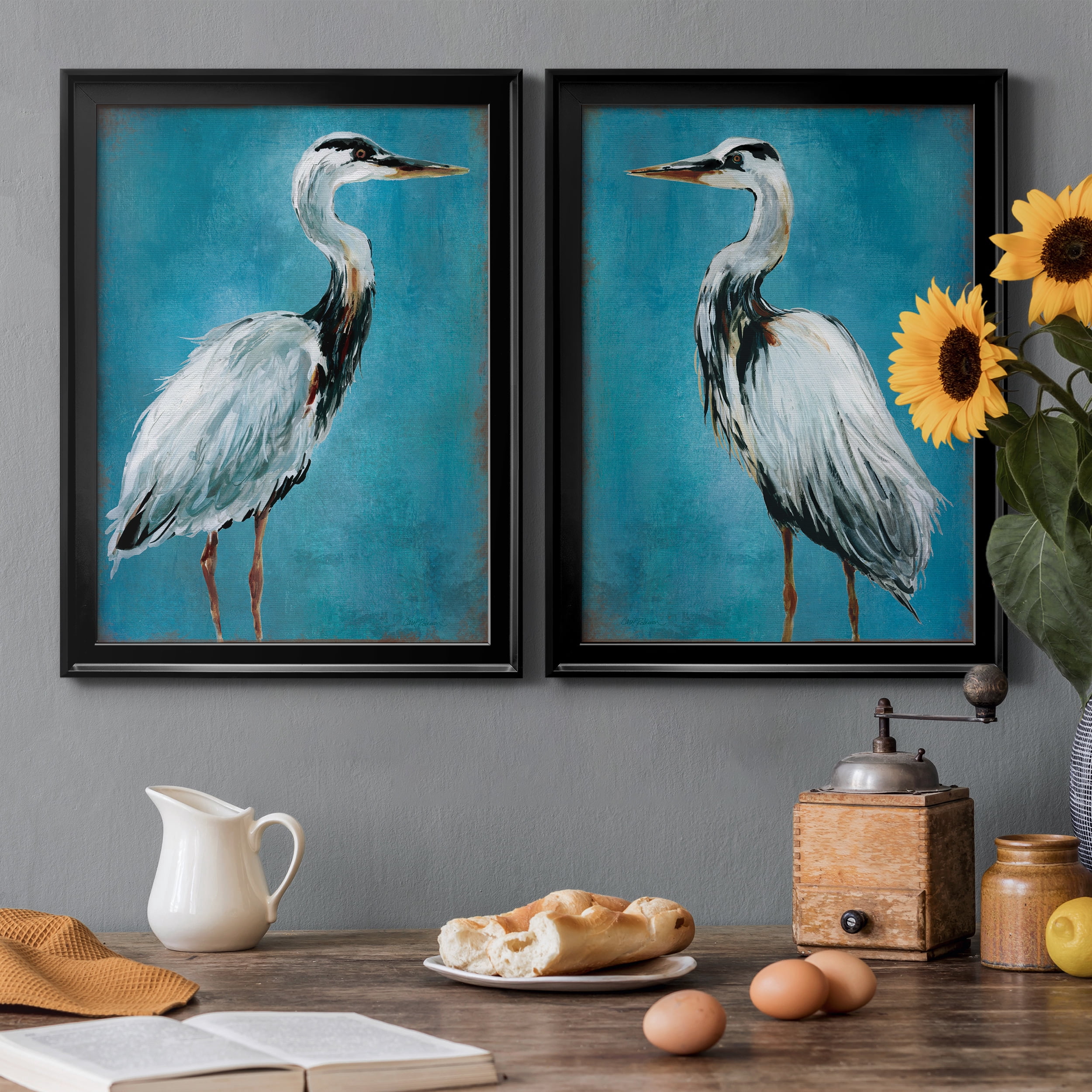 2 Piece Set Great Blue Heron I Premium Framed Canvas - Ready to Hang - 18.5 x 24.5 Each - Black Frame