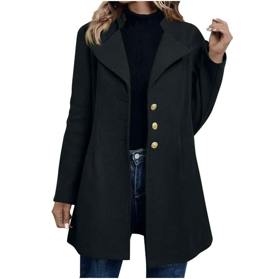 jtjvou Women's Solid Color Woolen Blend Pea Coat, Long Sleeve Lapel Comfy Casual Jacket Fashion Single Breasted Wool Coats Black L