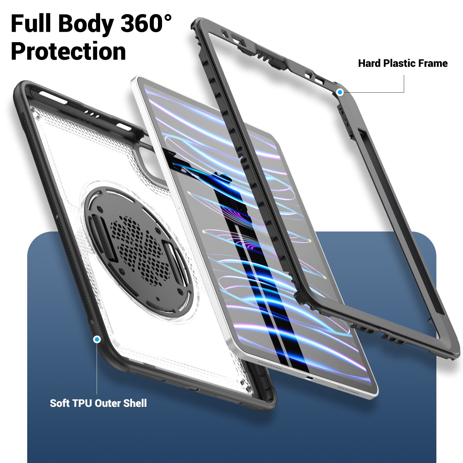 ELEHOLD Case for Apple iPad Pro 11 2022/2021/2020/2018/air4 10.9/air5,Soft TPU Rugged Durable Case with 360° Rotating Hand Strap & Foldable Hidden Stand & Pencil Holder,Clear