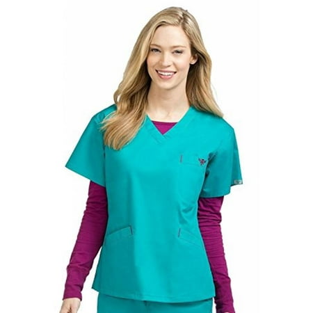 Real Sangria - Med Couture Women's V-Neck Signature 3 Pocket Scrub Top, Real Teal/Sangria, Medium