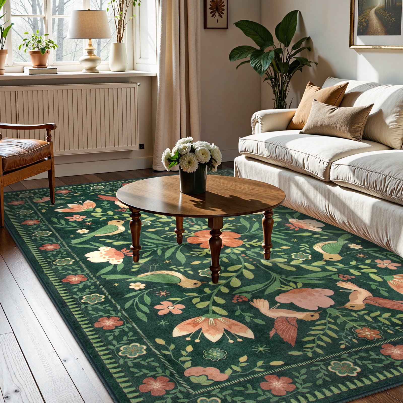 Lahome Decor 6'x9' Boho Bird Area Rugs,Floral Rug for Living Room Machine Washable,Soft Indoor Carpet,Non-Slip Low Pile for Bedroom Dining Room Playroom Office,Green