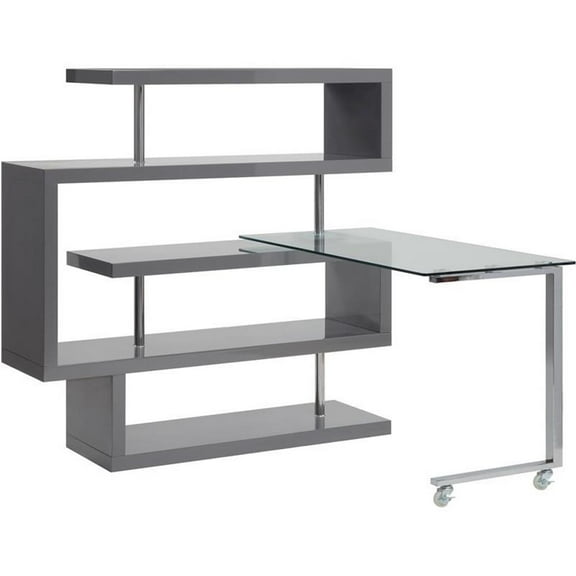 Bowery Hill Glass Top Writing Desk in Chrome and Gray High Gloss