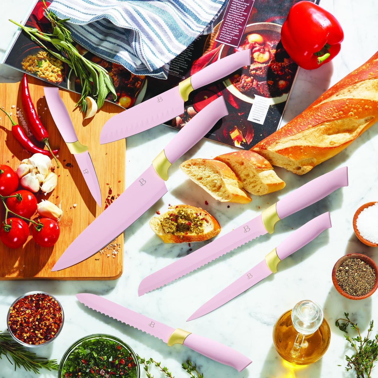 Beautiful 6-Piece Soft Grip Knife Set Rose with Gold Accent by Drew Barrymore