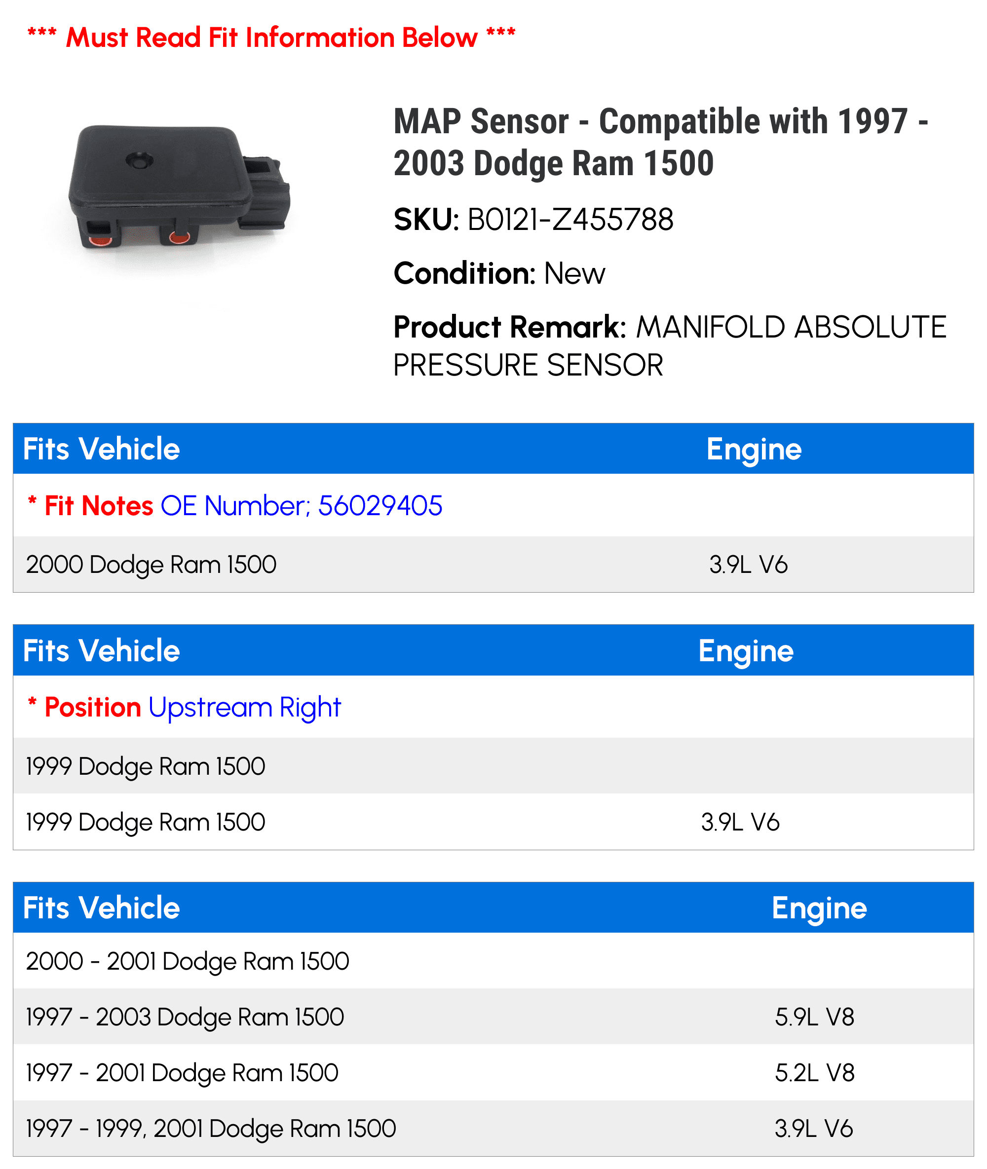 MAP Sensor - Compatible with 1997 - 2003 Dodge Ram 1500 1998 1999 2000 2001 2002