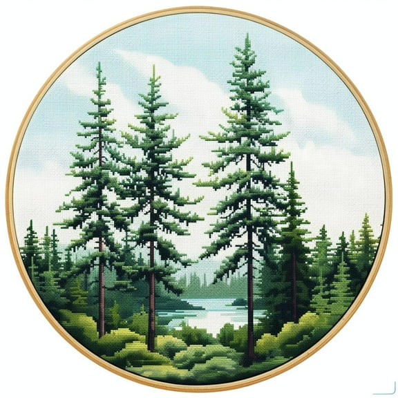 Pine Trees DIY Stamped Cross Stitch Kits for Beginners Easy with Hoop 11CT Needlepoint Embroidery Counted Cross Stitch Kits Art Craft Wall Decor and Gift 35x35cm(7)