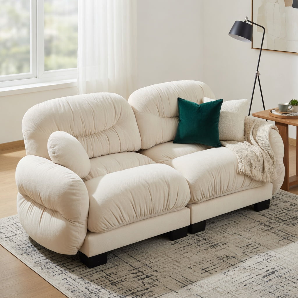 Hommoo Chenille 2-Seater Modular Sofa with Pleated Back, Ergonomic High-Density Foam Cushions, Curved Armrests & 2 Round Throw Pillows, Beige