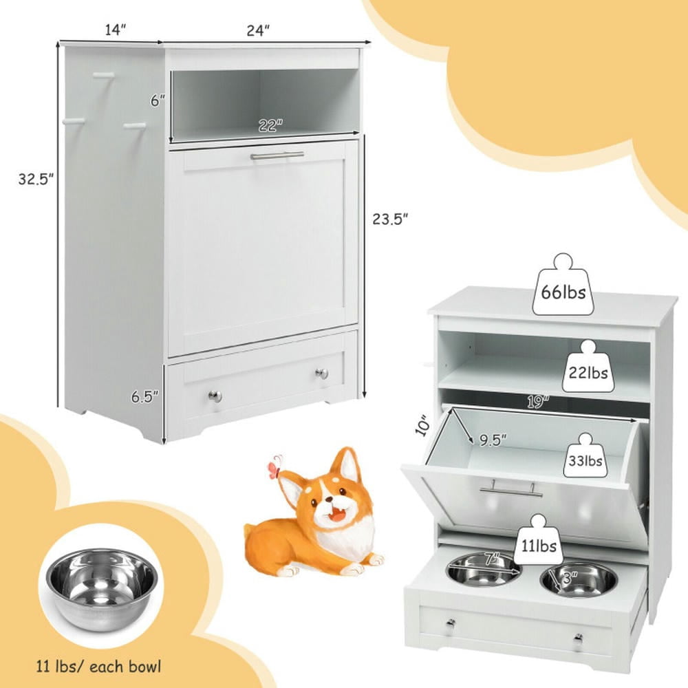 Topcobe Pet Feeder Station with with Storage Cabinet and 2 Elevated Dog Bowls, Hidden Dog Feeding Station-White