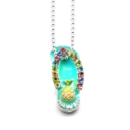 Aqua Titanium Necklace - Hawaii Tropical Sparkling Flip Flop with Pineapple Necklace with Chain in Aqua