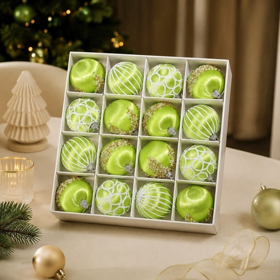 XHKUYI 16 PCS Christmas Ball Ornaments 2.36 inch, Lime Green Satin Wrapped Baubles with Glitter Beaded Details, Shatterproof Hanging Tree Decor for Holiday, Wedding Party and Winter Home Centerpiece