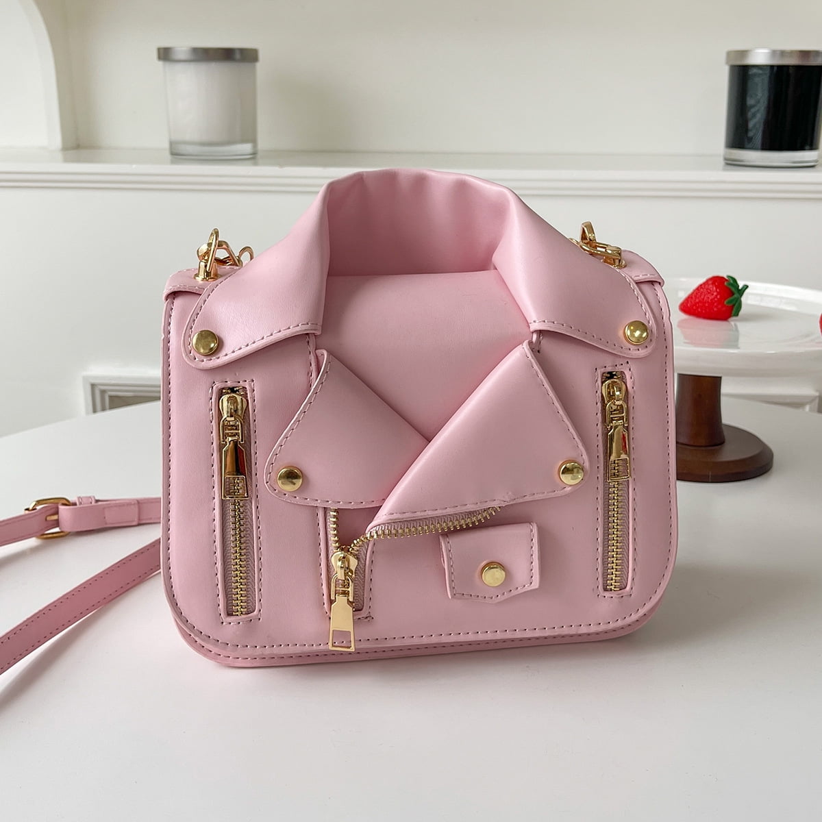 Baguery Punk Motorcycle Jacket Crossbody Bag - PU Leather Rivet Chain Shoulder Handbag for Women & Girls (8.25×6.28in)