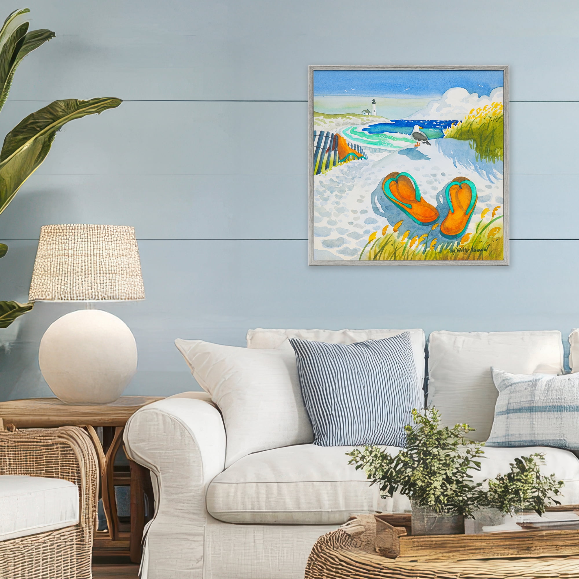 Stupell Industries Seagull & Flip Flops Gray Framed Giclee Art, design by Robin Altman