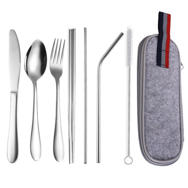 Juego de pajitas de acero inoxidable para exteriores, cuchillo, tenedor, cuchara, palillos, vajilla portátil, bolsa occidental