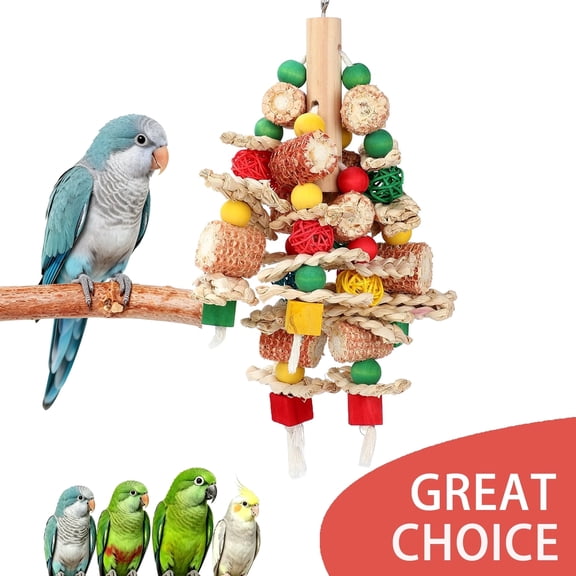 BellaNotes Parrot Chew Toy, Natural Material Bird Foraging Toy for Conures, Quaker Parrots, Medium-Sized Birds - Colorful Hanging Shredding Toy with Woven Ball, Corn Cob and Wooden Beads