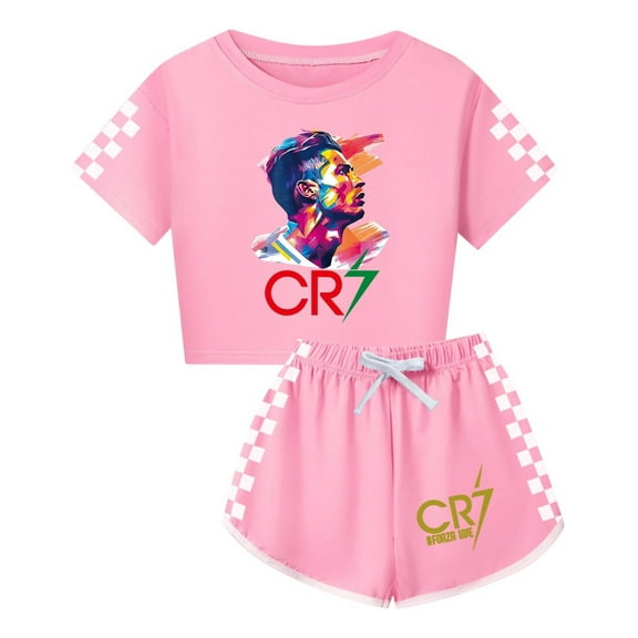 Girls CR7 Outfit – Kids Ronaldo-Inspired Short Sleeve Shirt and Shorts