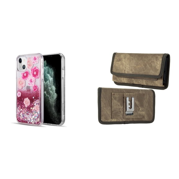 Liquid Glitter Case for iPhone 14 and Belt Holster Pouch (Pink Flowers/Brown)