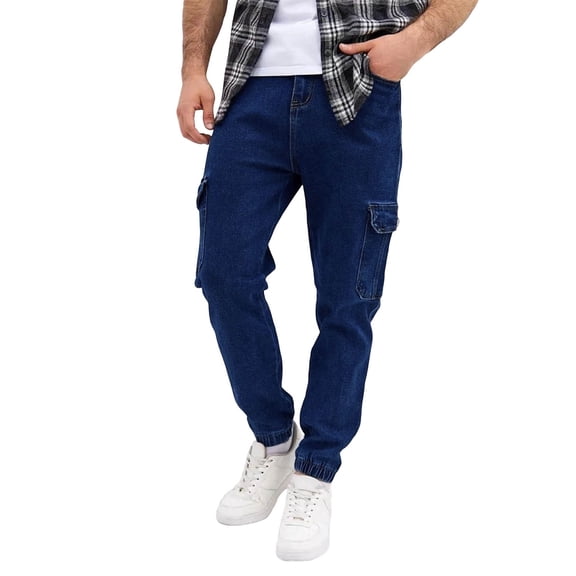 YABCSAZ Mens Cargo Jeans Denim Work Pants Multi Pocket Utility Jeans Joggers Elastic Waist Loose Fit Relaxed Carpenter Jeans Straight Leg Streetwear Trousers for Men Outdoor Casual