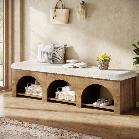 Finmind 2-Tier Upholstered Entryway Bench, 63 inch Farmhouse Bench with Storage Shelf for Bedroom, Hallway, Dark Brown